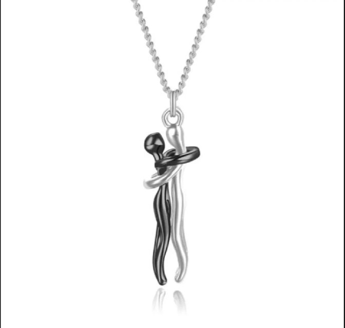 Love Hug Couple Necklace – Black & Silver Stainless Steel Pendant Chain for Men & Women | Romantic Matching Jewelry Gift