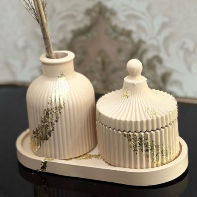 3 Pcs Set of Home Decor  1x Ribbed Concrete Mini Flower Vase, 1x Ribbed Concrete Trinket Jewellery Storage Box & 1x Oval Shaped Concrete Trinket Tray  Storage & Organisation  Decorative Accents  Jewellery Armoires & Boxes  Gift Sets