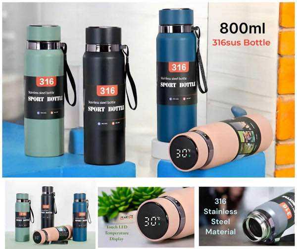 316 Stainless Steel Sport Water Bottle 800ml | Vacuum Insulated Flask with Handle | Hot & Cold Leakproof Sports Bottle