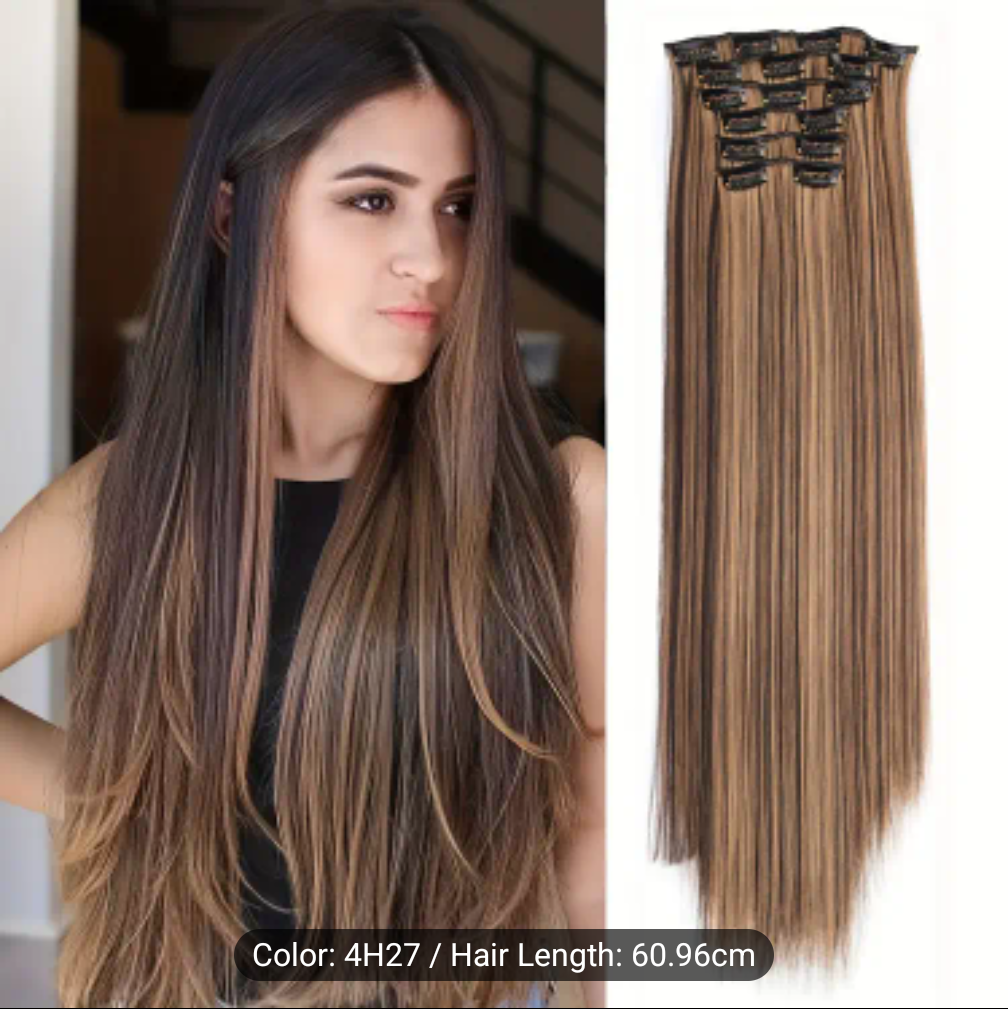 Clip-In Hair Extensions for Women 7 Pieces 16 Clips - Thick Long Lightweight Hairpiece - Jet Black, Brown, Golden & Burgundy