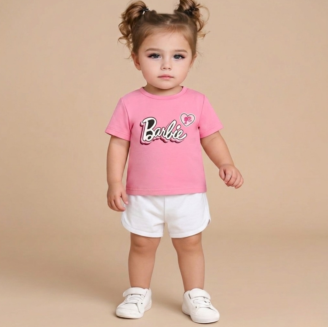 Barbie T-shirt And Shorts For Kids Baby Girls Round Neck Short Sleeve Tee Tops Clothes Sets Dresses Outfit Jannat Store
