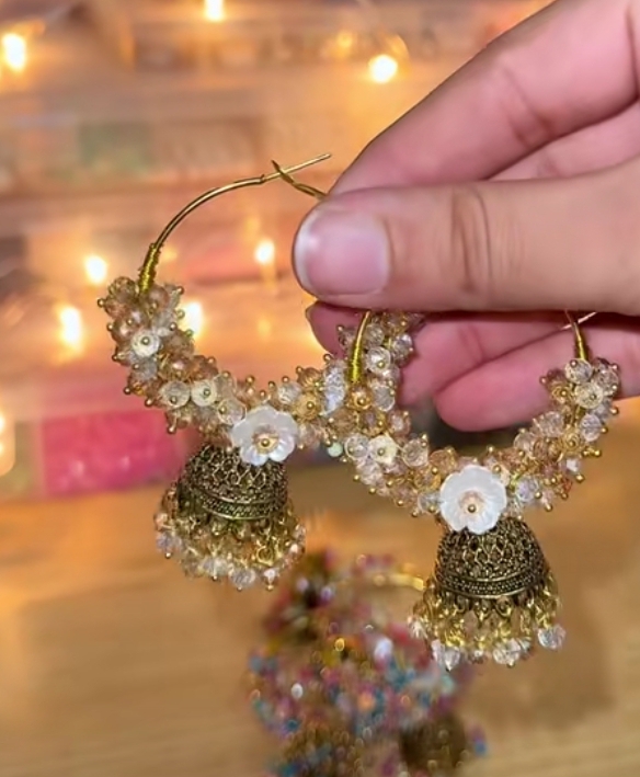 Hoop Earrings with Jhumka | Handcrafted Crystal Flower Jewelry`