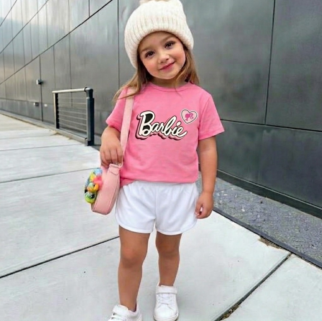 Barbie T-shirt And Shorts For Kids Baby Girls Round Neck Short Sleeve Tee Tops Clothes Sets Dresses Outfit Jannat Store