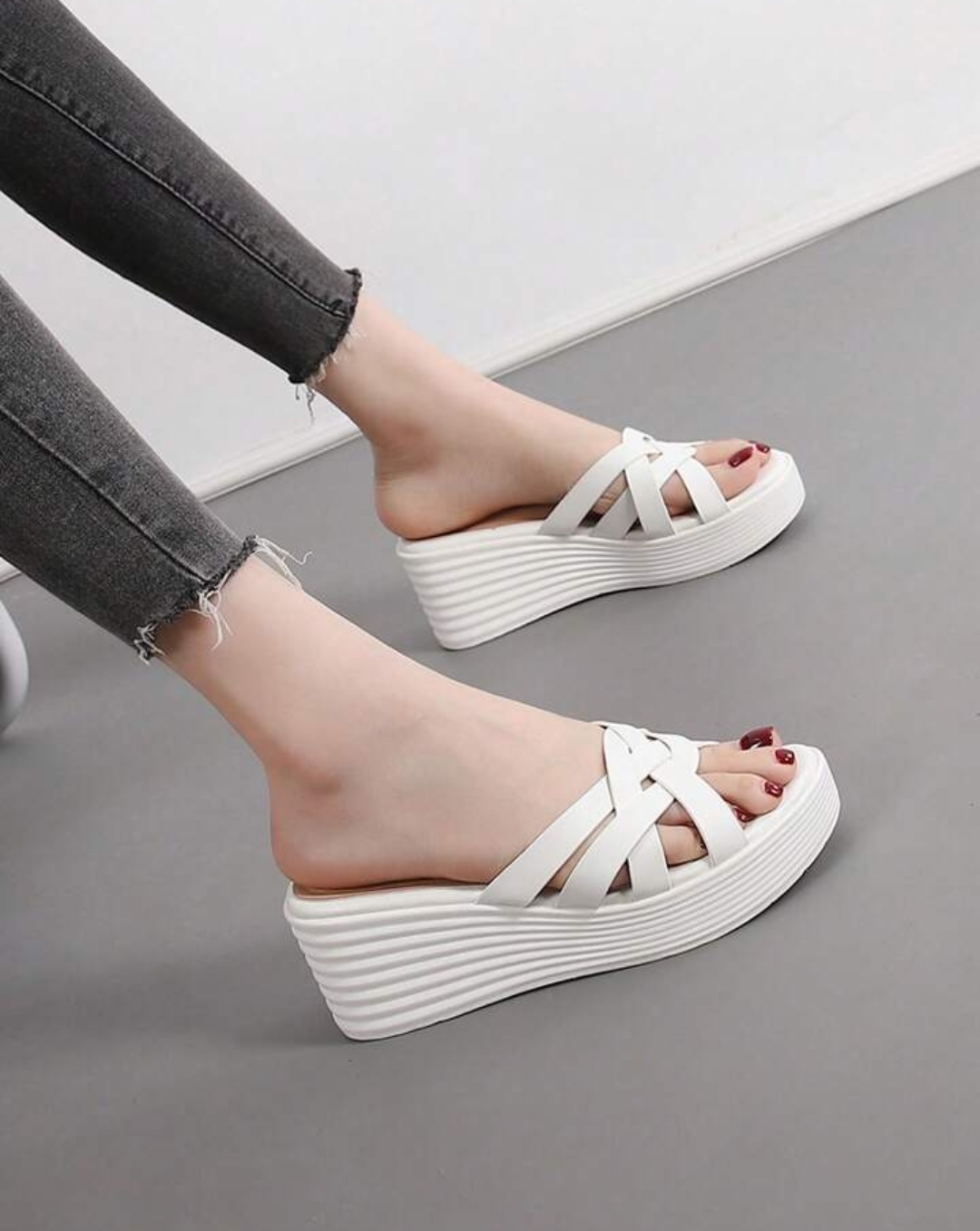 Elegant White Wedge Sandals for Women - Criss-Cross, Soft Leather, Comfortable Platform