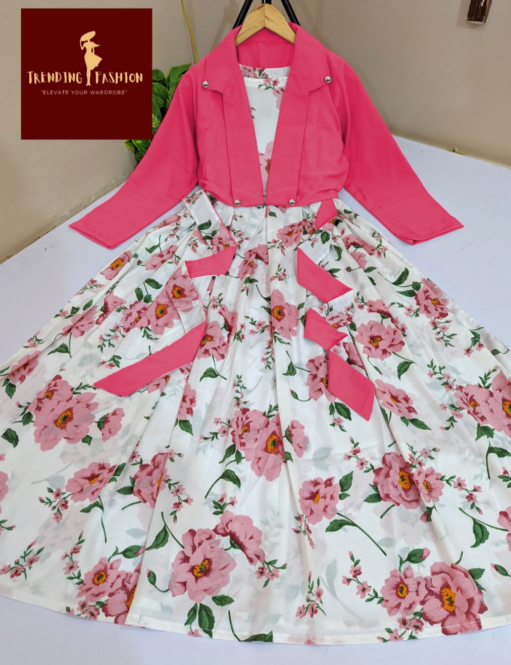 Jacket Style Maxi. Long Maxi with Jacket. Digital Printed Long Flare SleeveLess Belt Attached Maxi With Cotton Koti 2Pcs