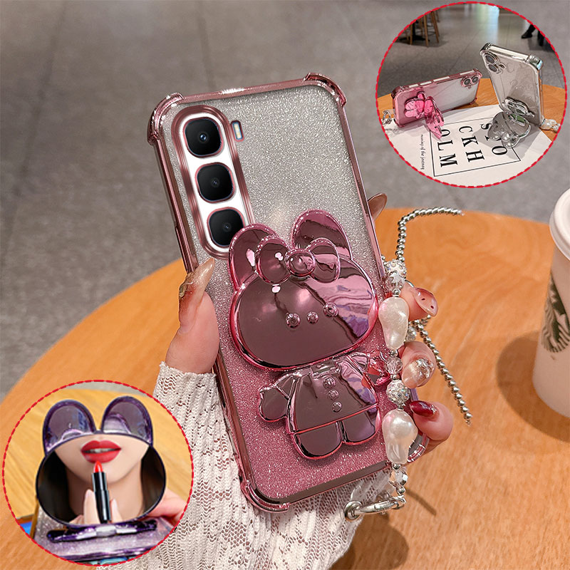 Fashion Cute 3D Bunny Mirror Stand Phone Case For Infinix Hot 60 Pro Plus 60i 4G Glitter Anti Drop Cover With Pearl Chain Girly