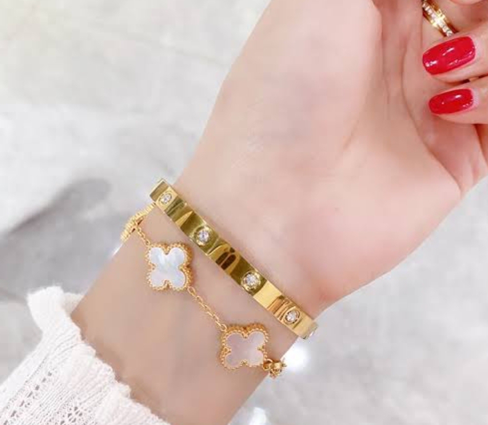 Stainless Steel 2-Piece Bracelet Set for Women – Clover & Bangle Design – Modern Style – All Season, Multicolors