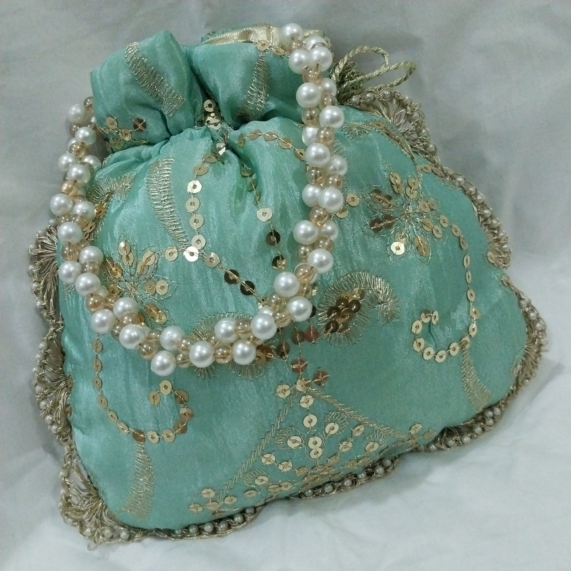 Embroidered Potli Clutch Bag with Pearl Handle for Party Wear