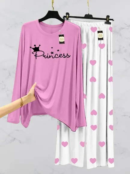 mix Colour Princess Printed Lounge Wear Night Suit with Mini heart Printed Pajamas - Stylish Sleepwear Set For Women By Dreams Wear