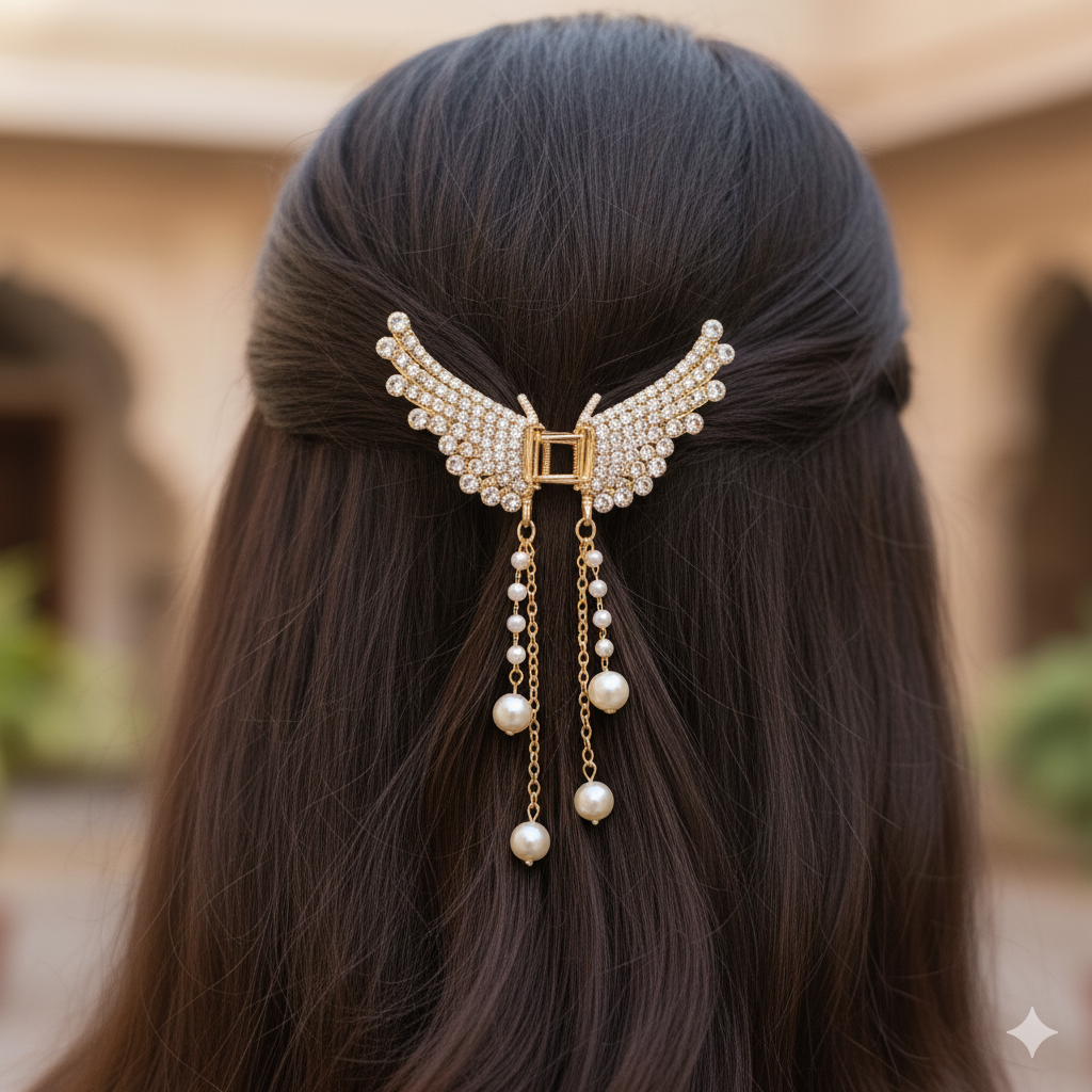 Luxury Angel Wing Hair Clip for Women – Golden Crystal Claw Clip with Hanging Pearls | Elegant Rhinestone Hair Accessory