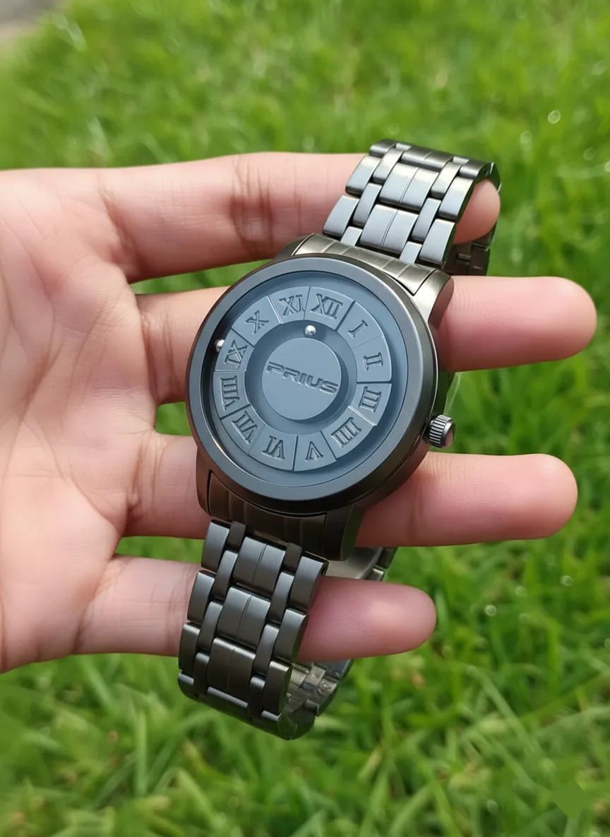 Trend Concept Magnetic Ball Watch Floating Pointer Mirror-less Dial Quartz Analog Watch for Boys/Men Roman Numeral Dial Waterproof Watch Leather Strap