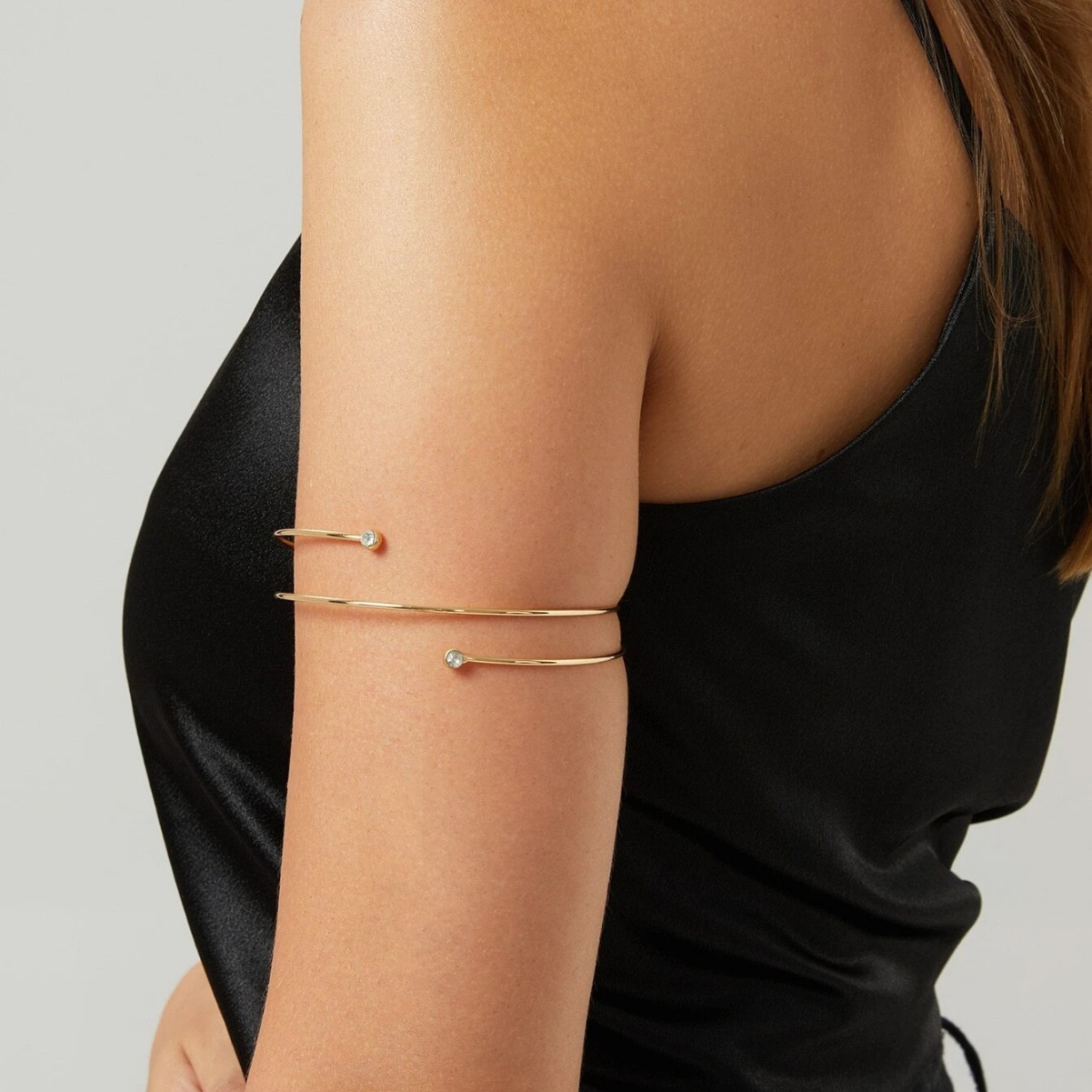Simple Metal Versatile Gemstone Double-Layer Spiral Diamond-Encrusted Arm Bracelet Gold Open Arm Bracelet