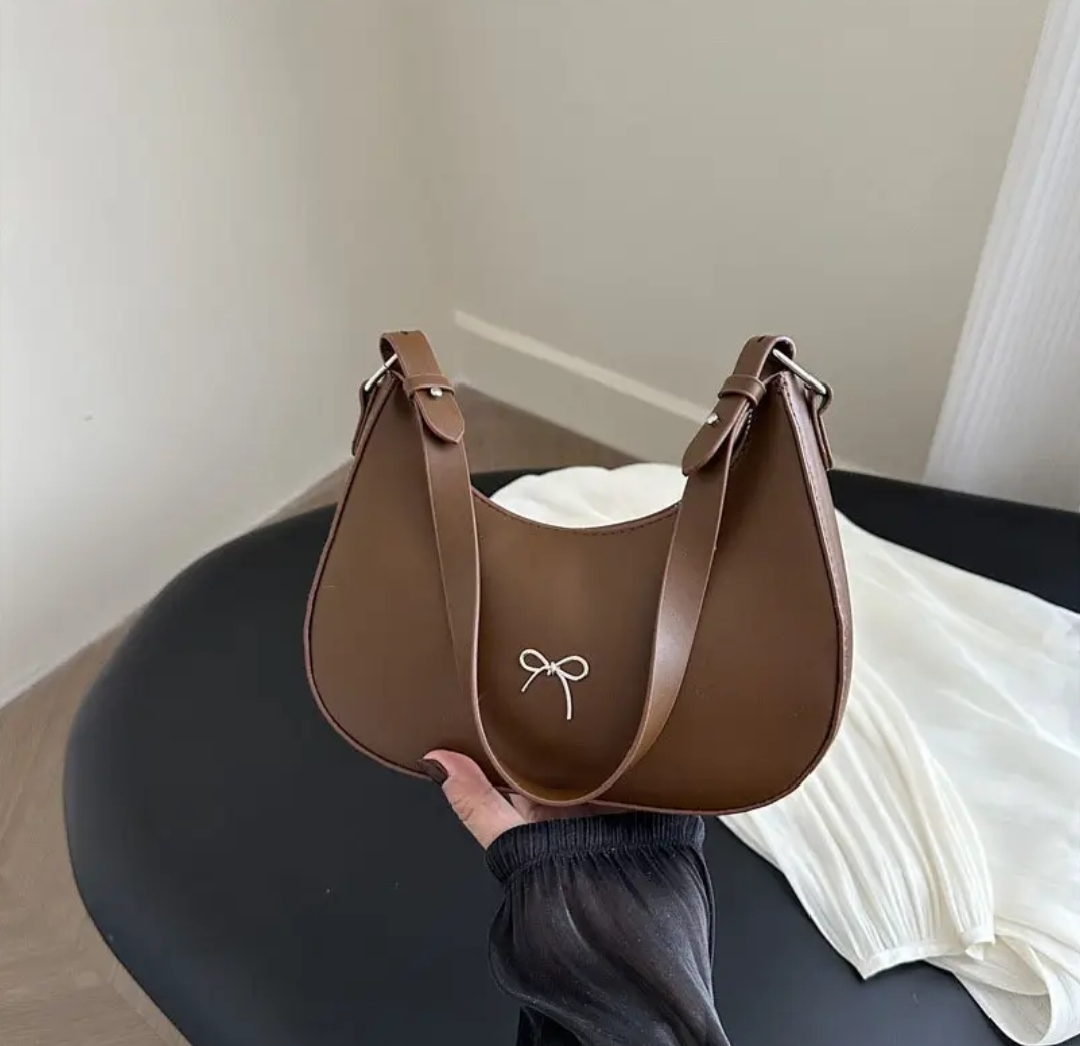 Elegant Women's Shoulder Bag With Bow Decor Minimalist New Moon Design Zipper Closure Polyester Lining Stylish White Blouse Perfect for Casual or Formal Occasions Casual Shoulder Bag Minimalist Shoulder Bag Bag Shoulder Bag
