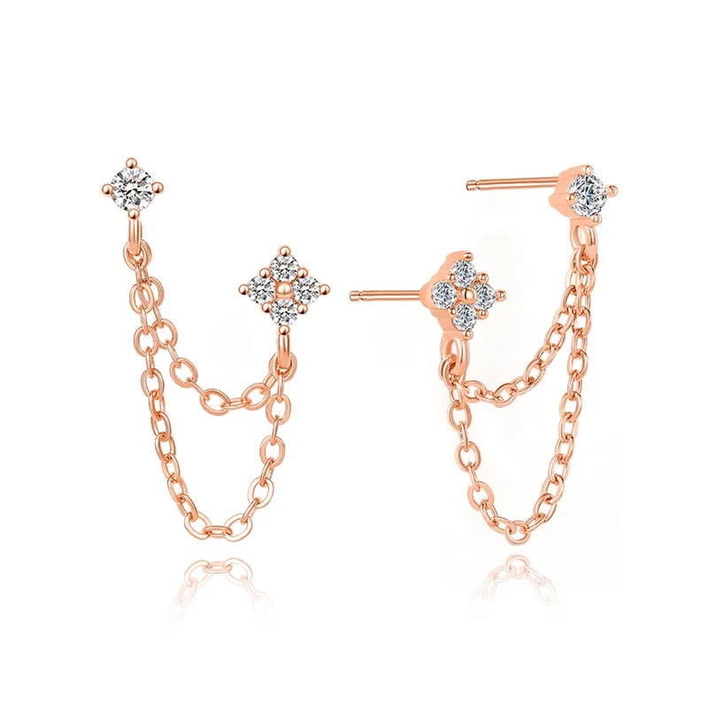 Huitan  Double Ear Studs Tassel Chains Hanging Earrings for Women Ear Piercing 3 Metal Color Luxury CZ Hot Jewelry