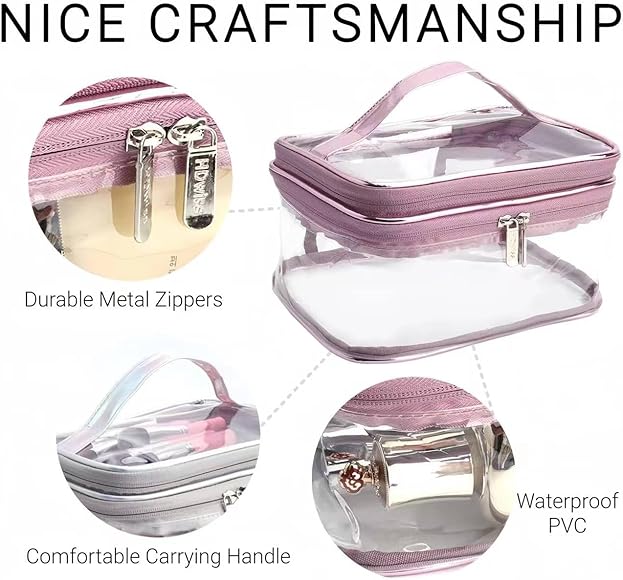 Clear Makeup Bags, Travel Cosmetic Zipper Pouch for Women, Transparent Makeup Organizer Storage Case for MakeUp Brushes, Travel Toiletry Bags for Girls with Portable Handle (Pink (Double Layer))