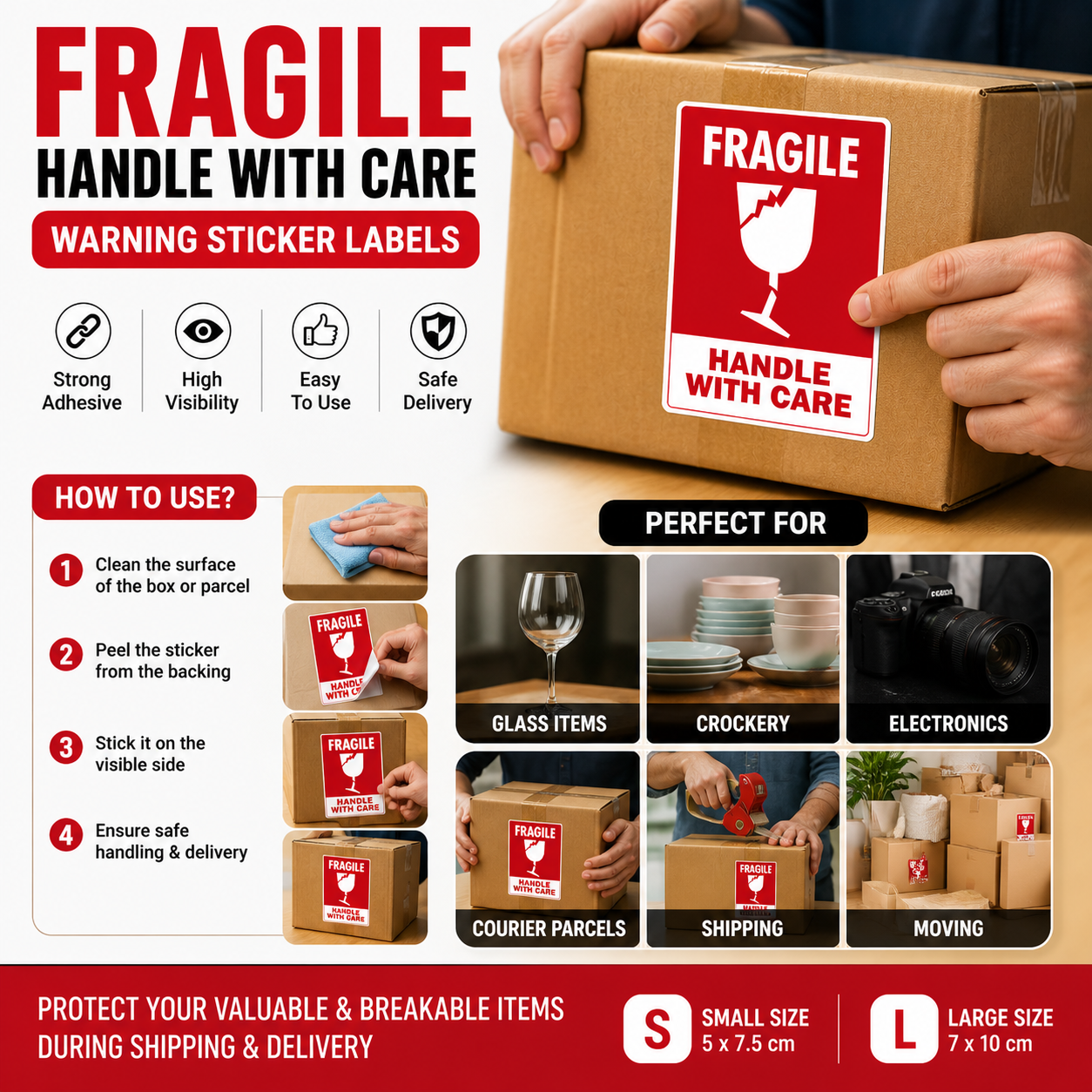 100 PCs Fragile Handle With Care Sticker Labels Small & Large Size Packing Warning Stickers for Glass Items Courier Packaging Moving Boxes Shipping Safety Labels Adhesive Fragile Tape for Parcel Packing Office Warehouse Home Use Breakable Item