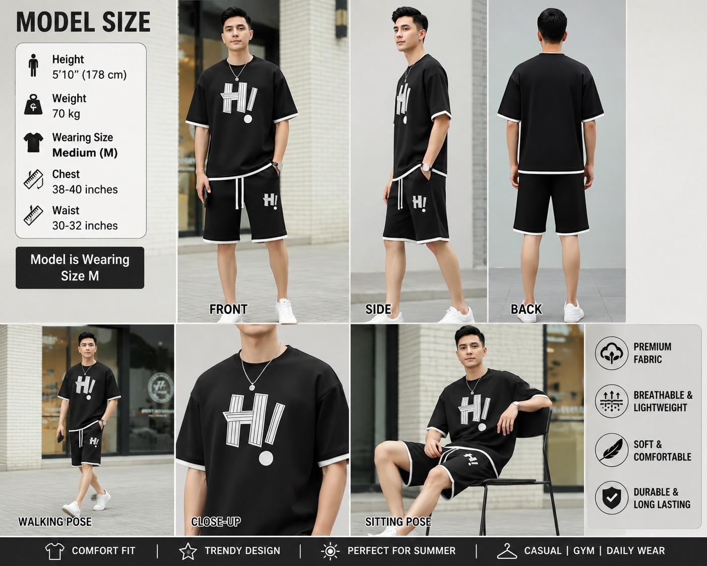 Men's Black Printed Summer Tracksuit Set (T-Shirt & Shorts)