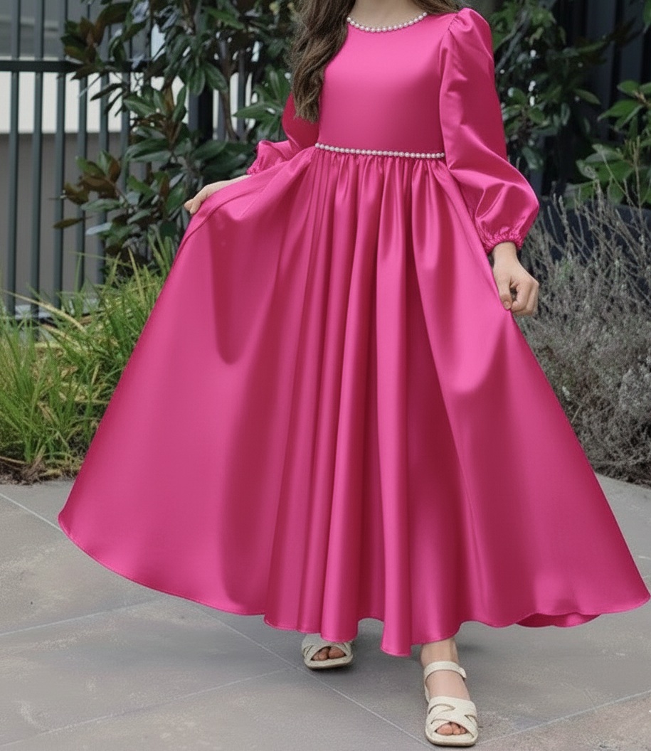 Pearl Beaded Lantern Sleeve Maxi Dress For Girls