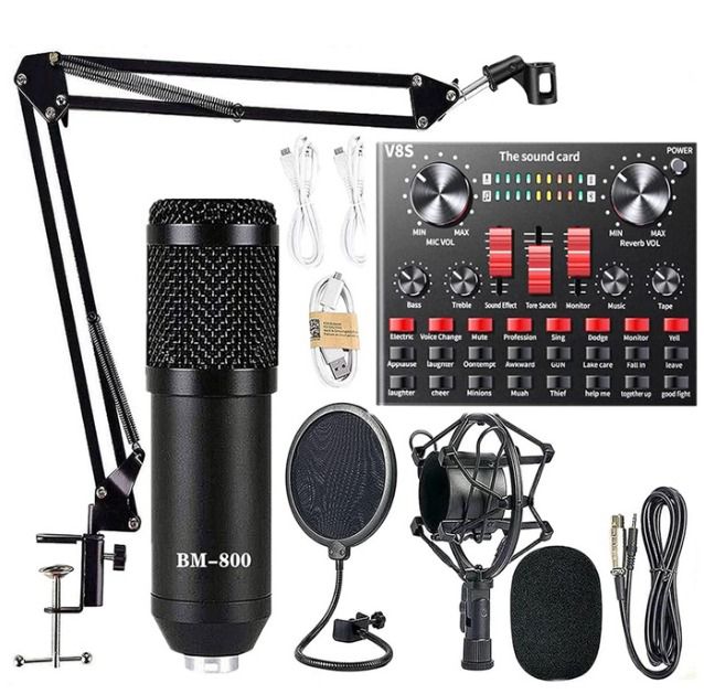BM800 Condenser Microphone With V8s Sound Card, Bm 800 Mic Arm Stand