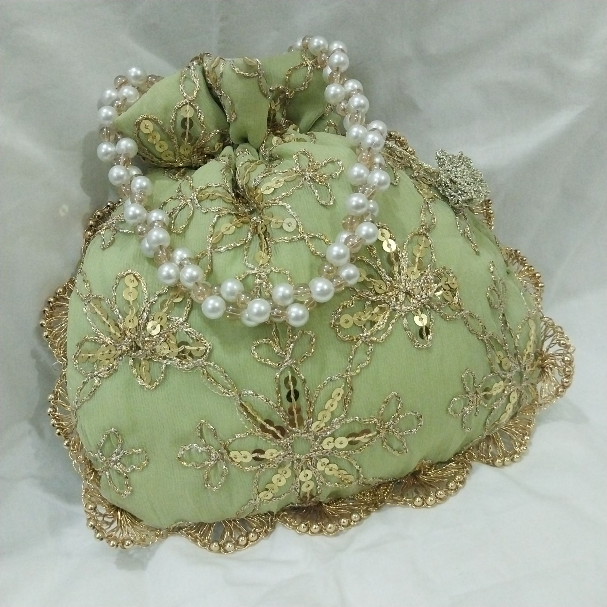 Embroidered Potli Clutch Bag with Pearl Handle for Party Wear