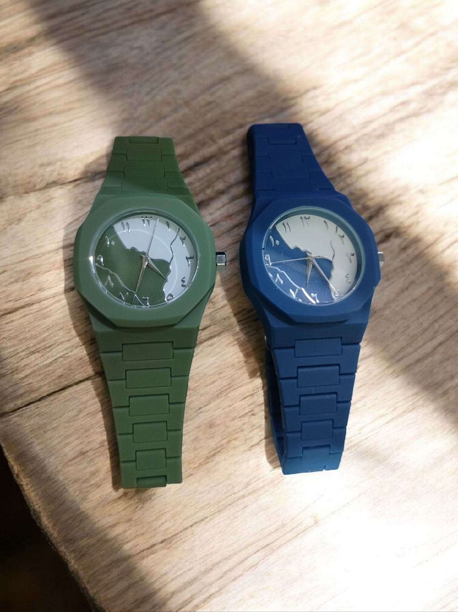 Premium Arabic Numerals Wrist Watch – Silicon Strap, Islamic Dial (Blue & Army Green)