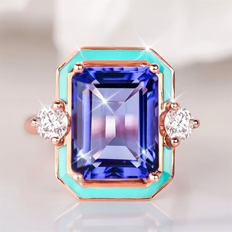 Huitan Rose Gold Color Blue Enamel Ring with Cubic Zirconia for Women Statement Jewelry for Engagement Ceremony Party