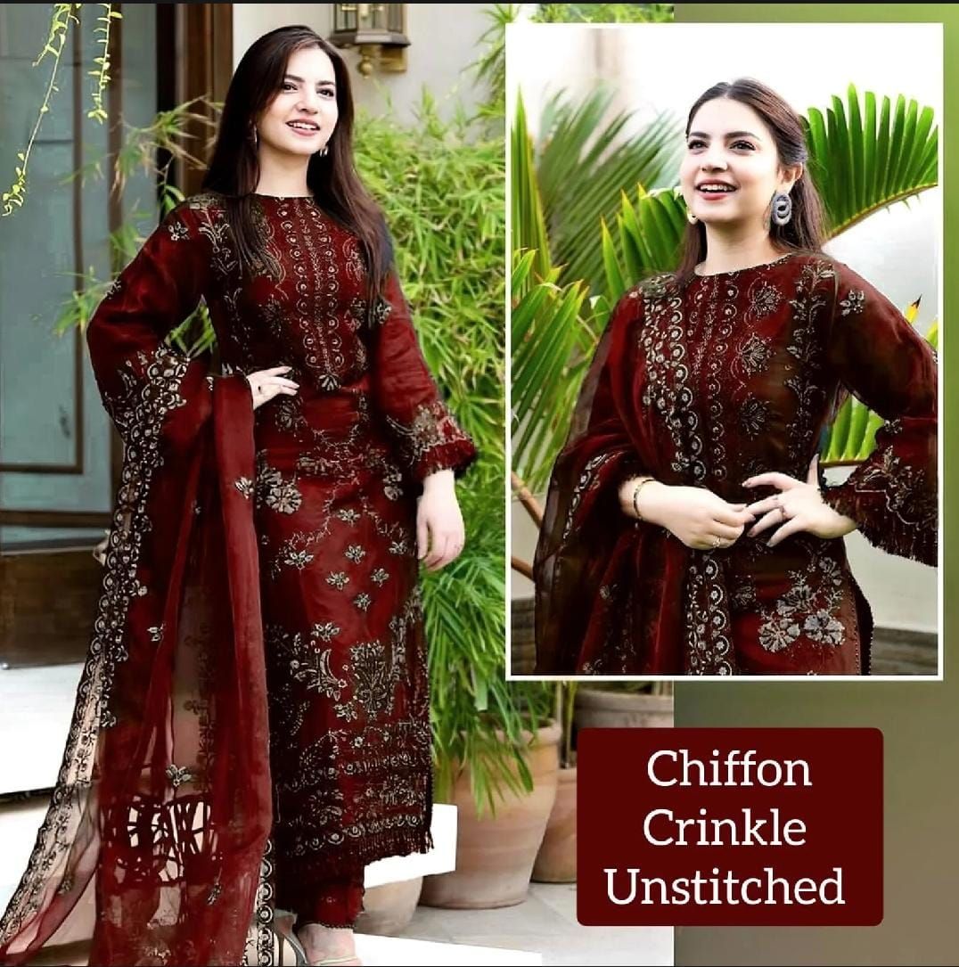 3Pc Embroidered Unstitched Chiffon Suit For Women All Season Crinkle Chiffon Fabric Party Wear Formal Style Multiple Color