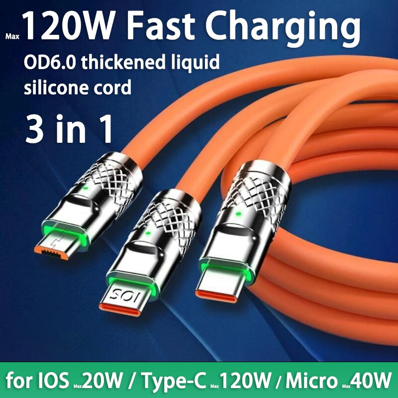 3 In 1 120W Fast Charging Cable – 6A Multi Connector USB Data Cable with LED Night Light