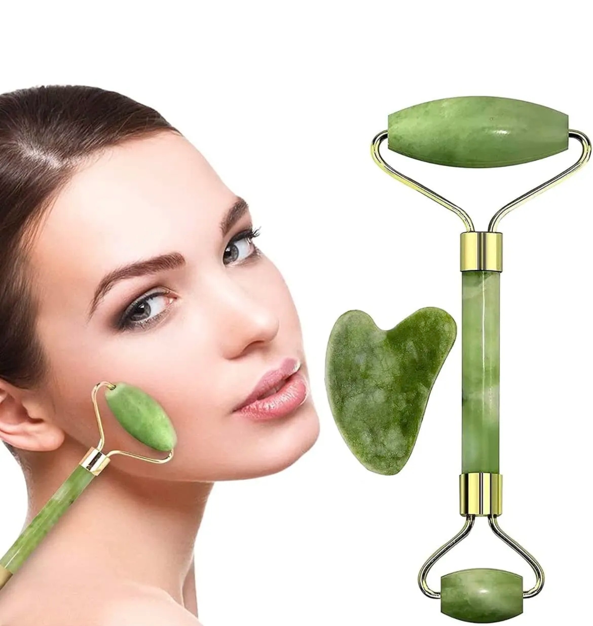 Jade Roller And Guasha Face Roller Facial Beauty Roller Skin Care Tools Massager For Face Eyes Neck Relieve Fine Lines And Wrinkles Natural Stone
