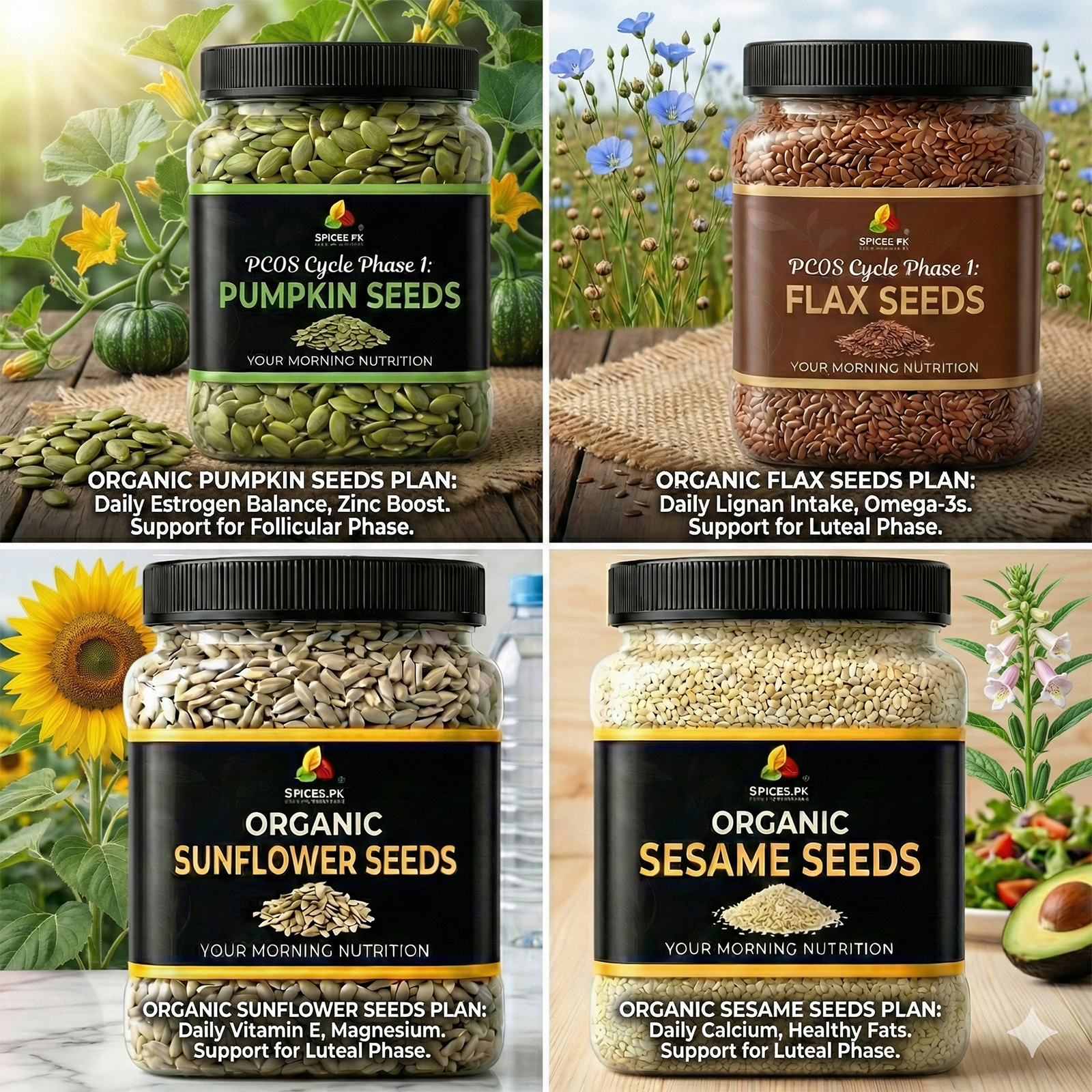PCOS Seed Cycling Kit (400g Bundle) - Pumpkin, Sunflower, Flax & Sesame Seeds (100g Each) for Hormonal Balance & Irregular Periods