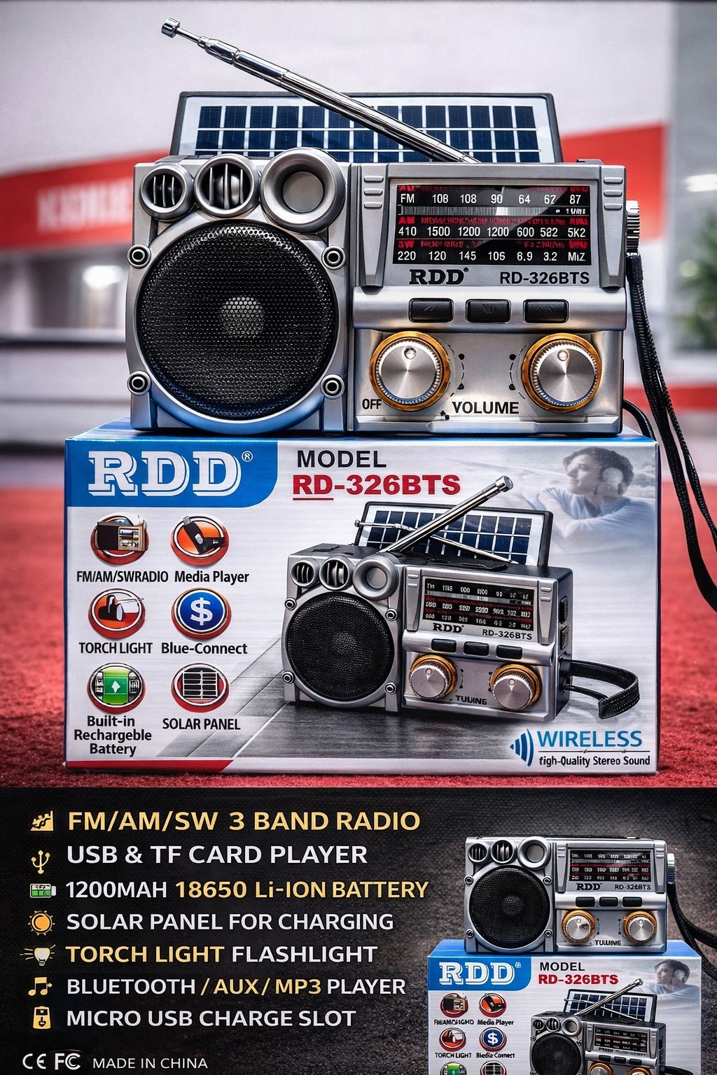 Portable All in One Rechargeable Radio | Best seller wireless radio MF/AM/SW 3 band radio portable radio With bluetooth | Solar panel radio with usb tf card | RDD RD-326BTS |1200mAh 18650 Battery | Torch Light | Wireless Speaker