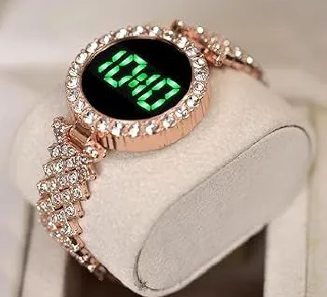 Stylish Women’s Luxury Diamond Watch – Stainless Steel Band LED Touch Electronic Watch