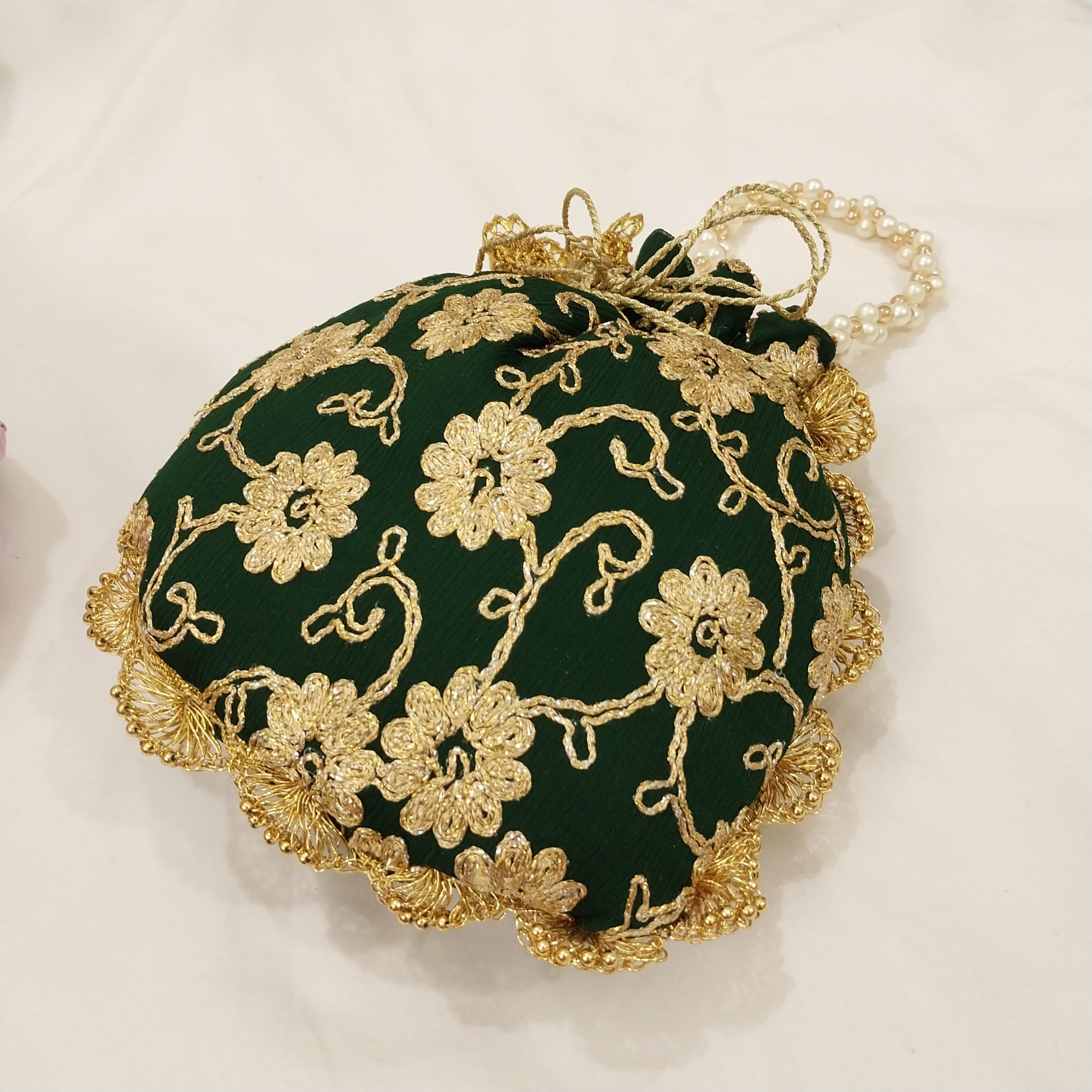 Embroidered Potli Clutch Bag with Pearl Handle for Party Wear