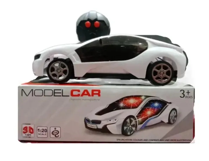 "Remote Control Car Toy for Kids - White Model Car with Lights. This 1:20 scale remote control car features 3D lights and is designed for children aged 3 and above