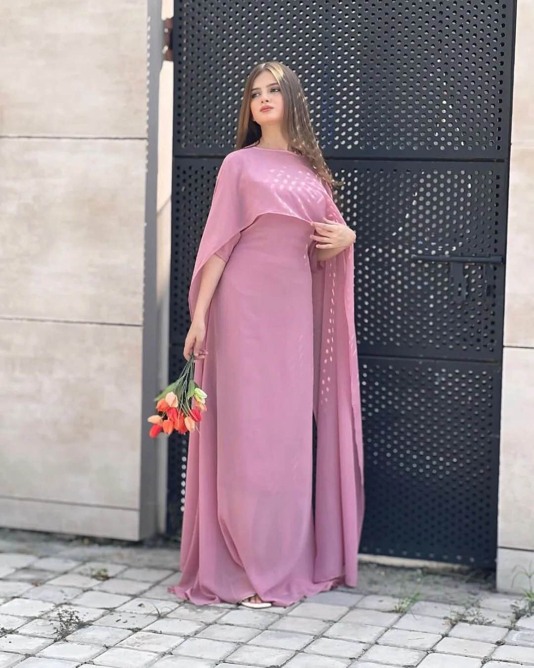 Eid collection/Two Tone Cap Shawl With Long Fitting Body Maxi And Dori Chiffon 2Pcs for girls/women wear