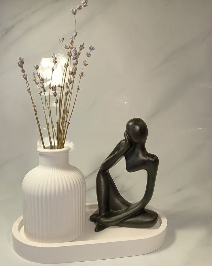 Set of 3 Home Decor Showpiece – Thinker Statue + Mini Vase + Oval Tray | Cement & Gypsum | Gift for Home, Office