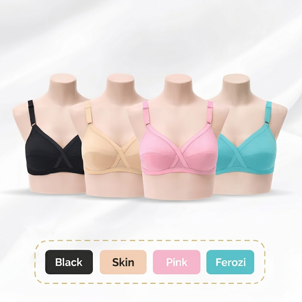 Cotton Bra Three Hook Bra For Ladies Girls Soft Cotton Fabric Comfortable Fit For Daily Wear School And Home Use Breathable Material No Wire Design Easy To Wash And Dry Multicolor Pack Of 4