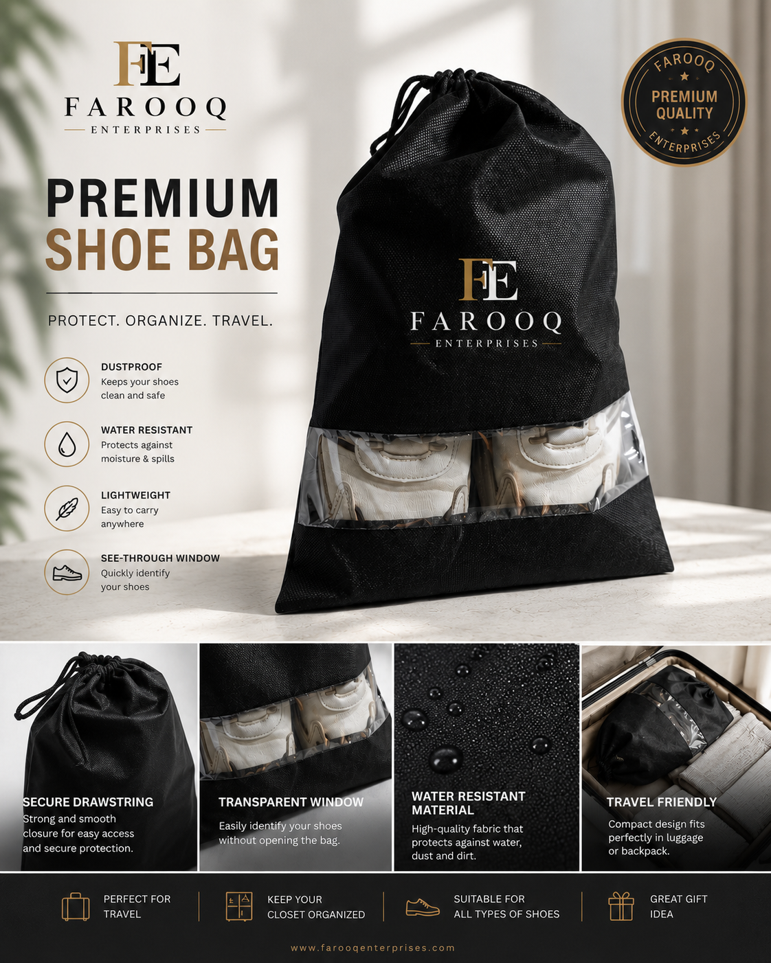Travel shoes Storage bag with clear window non-woven with PVC Bag