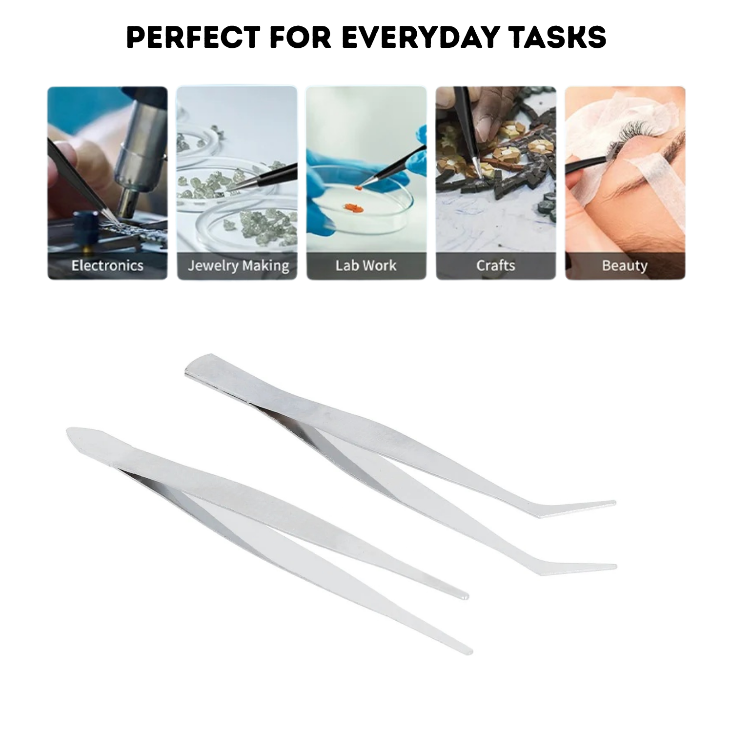 2 Pcs Stainless Steel Precision Tweezers Set – Straight & Curved Tip for Jewelry Making, Beads, Rhinestones, Electronics Soldering & DIY Repair