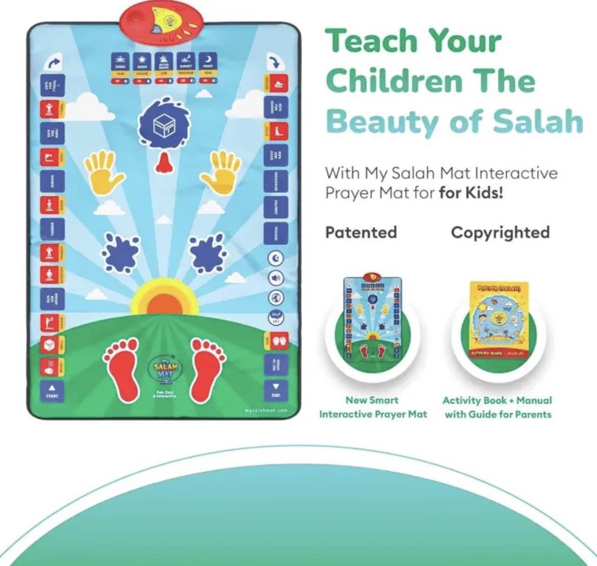 Interactive Educational Prayer Mat for Kids | 36 Touch Keys, 7 Languages, Wudu Salah Learning Mat with Activity Book | 3+ Years Boys Girls
