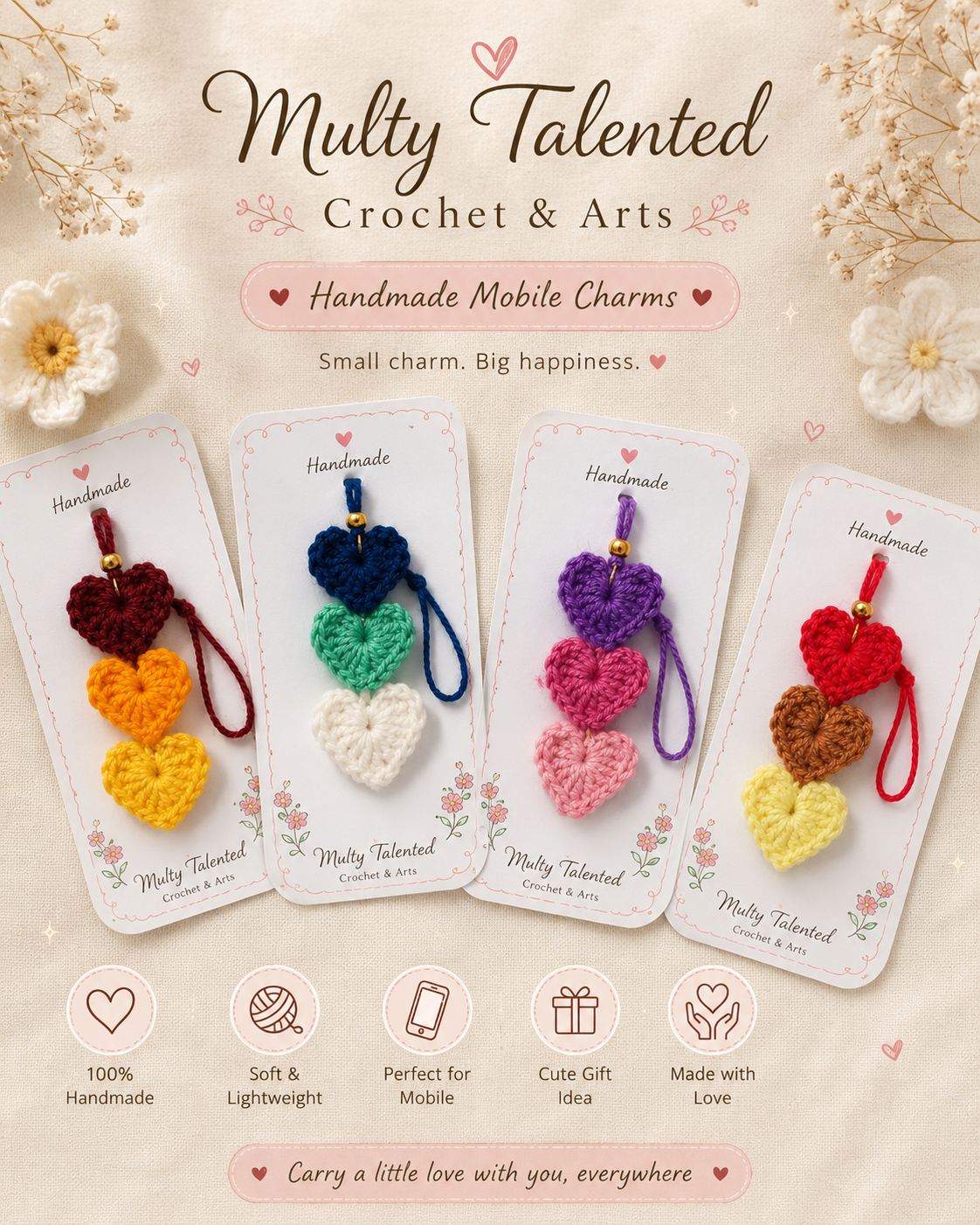 Handmade Crochet Phone Charm | 3 Heart Mobile Strap | Cute Phone Hanging Charm | Keychain Charm