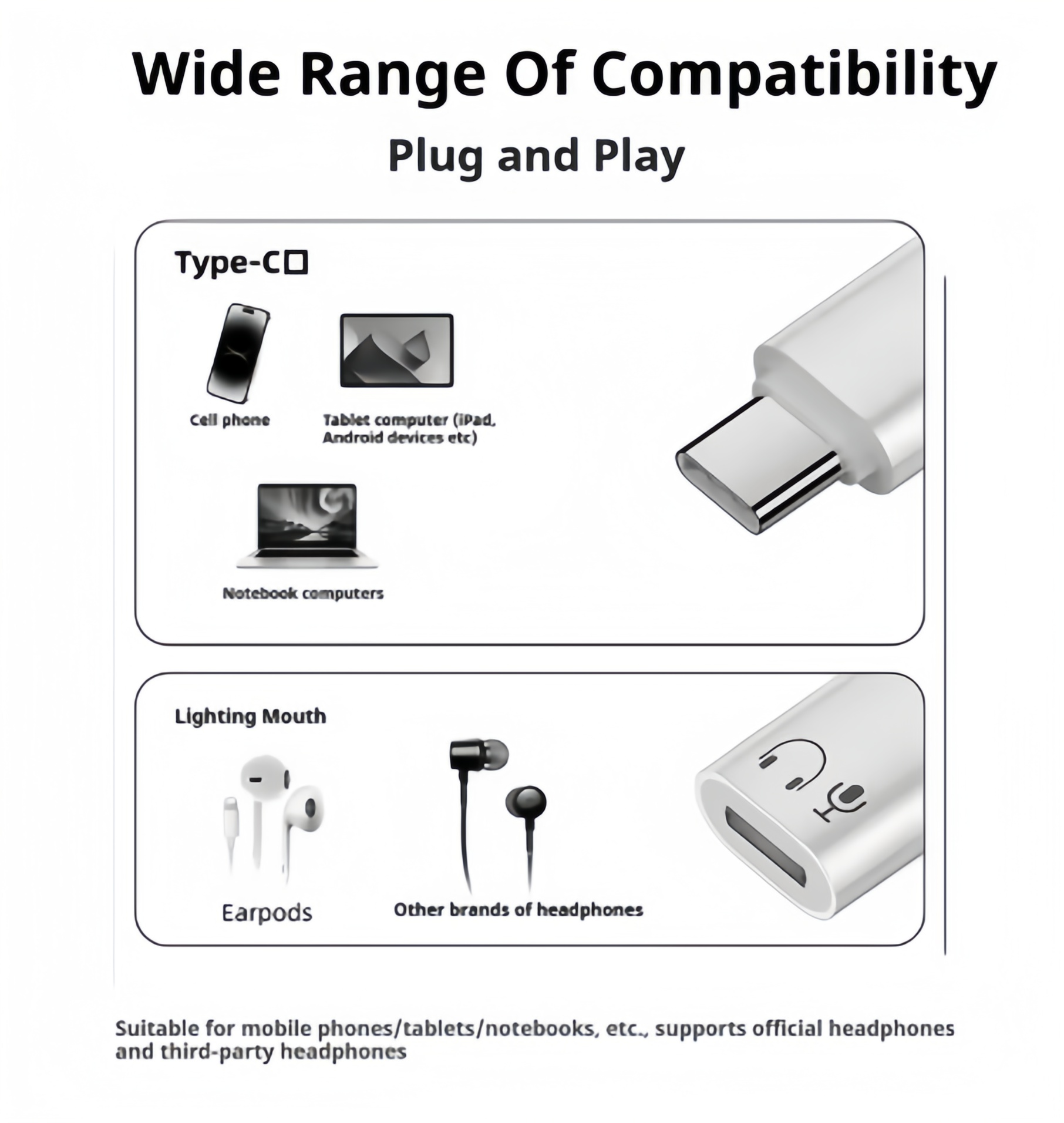 Lightning Female To Type C Audio Headphones Cable Adapter Aux USB C Converter