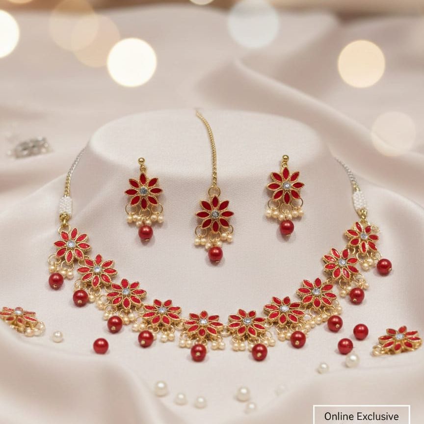 Choker Necklace with earrings tikka set for women / fancy pendant choker set for girls