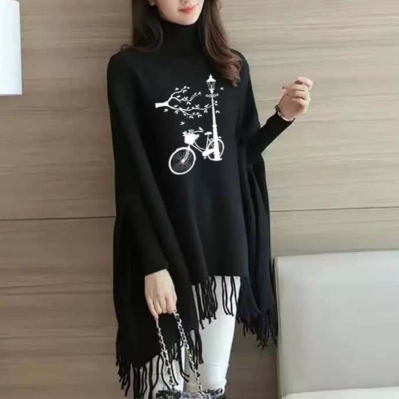 Cycle Printed Bat Wing Style Winter Poncho For women