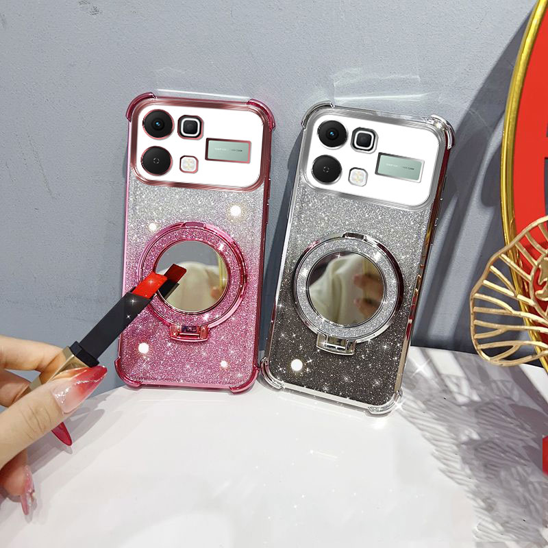 Glitter Four-Corner Shockproof Phone Case with Mirror Stand Beaded Strap For Infinix Note 60 Note60 Pro 60Pro Back Cover Case