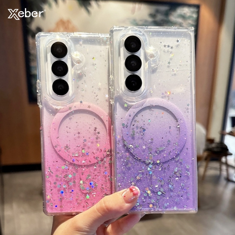 Luxury Gradient Glitter Magnetic For Magsafe Clear Phone Case For    Z Fold 7 6 5 4 3 Hard Acrylic Shockproof Cover