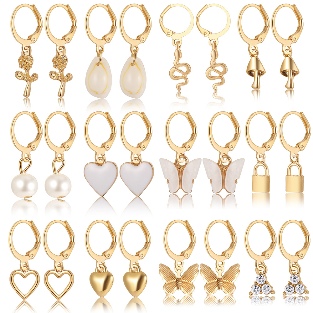 Heart Pearl Dangle Earrings Set Metal Gold Color Butterfly Locks Earrings for Women Shell Trendy Jewelry Hoop Earrings 2024