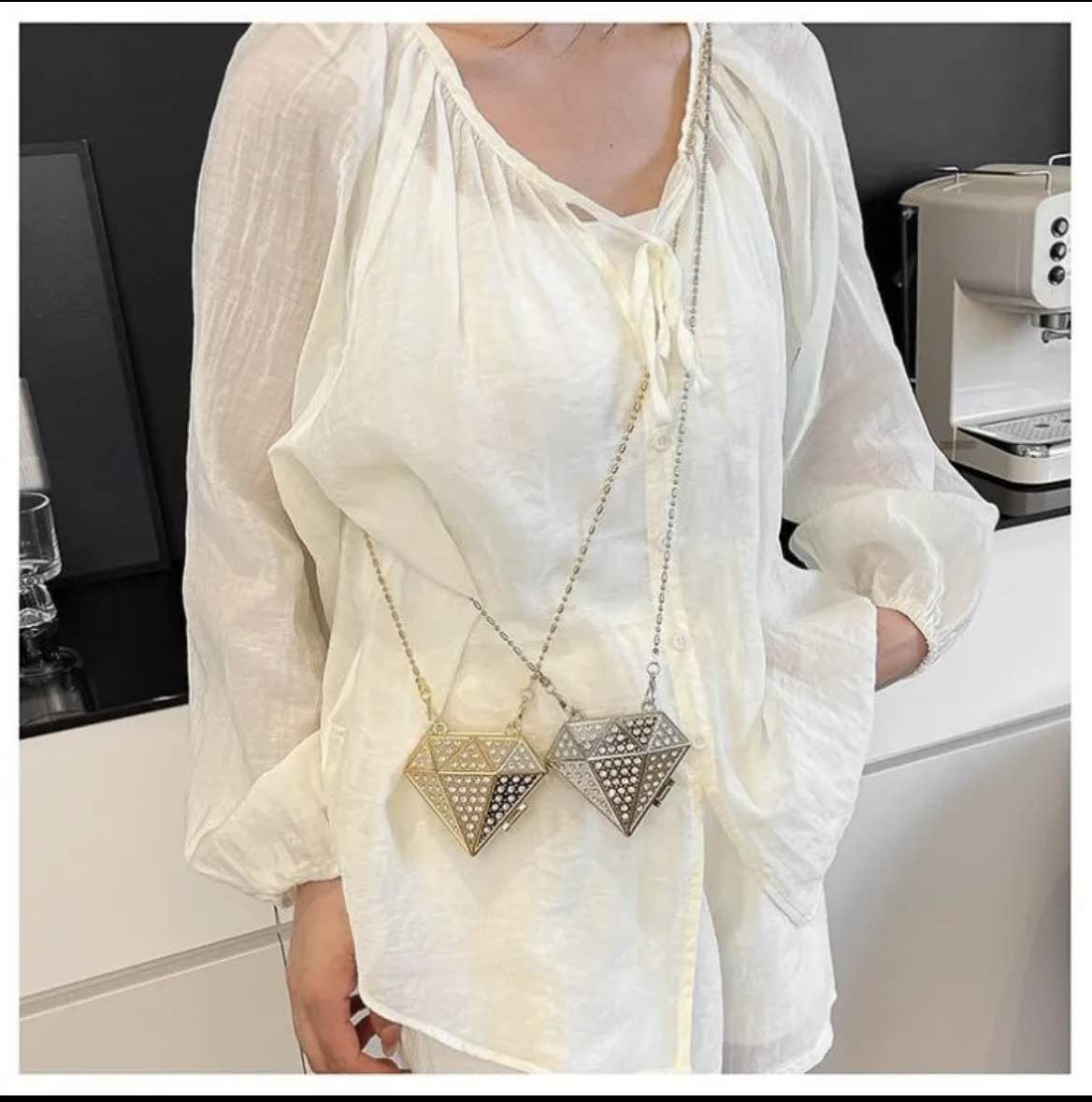 Mini Metallic Diamond Style Clutch with long chain for Women & Girls