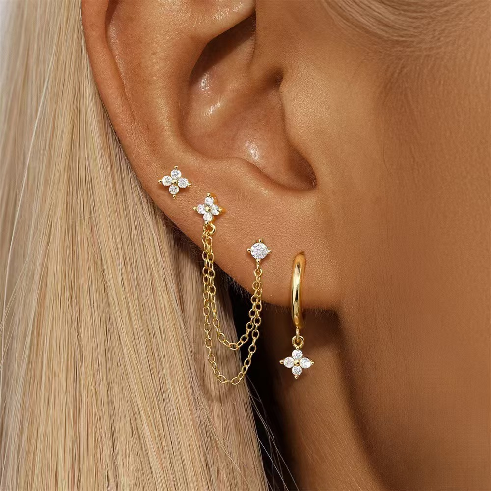 3 Pcs Exquisite Zircon Flower Earrings Set For Women Elegant Sparkling Zircon Cartilage Piercing Earring Fashion Daily Jewelry