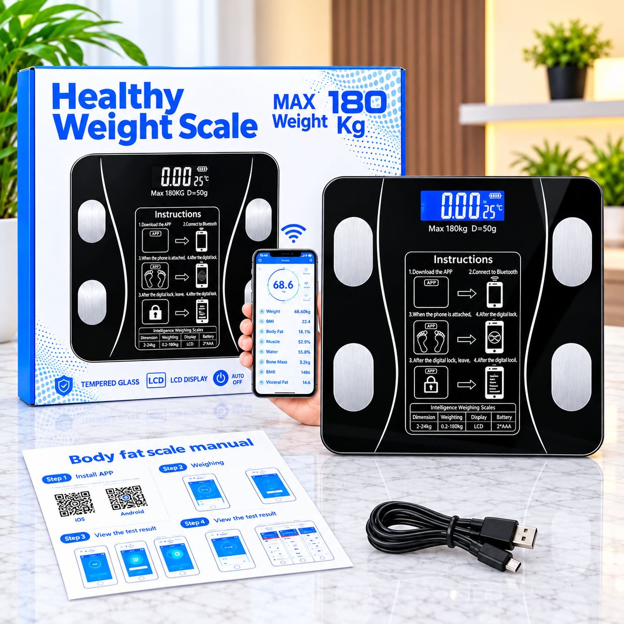 Smart Digital Body Weight Machine Scale 180KG Bluetooth Electronic Weighing Machine Scale with App Sync for Household Use - Body Fat & BMI Measurement, Bathroom Balance Scale Weight Machine For Human Body